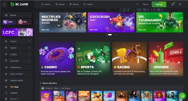 BC.Game home page - best no kyc crypto casino for payment methods