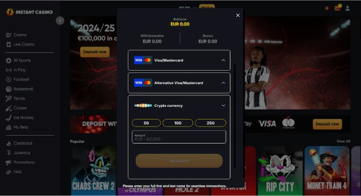 Fund your Instant Casino account