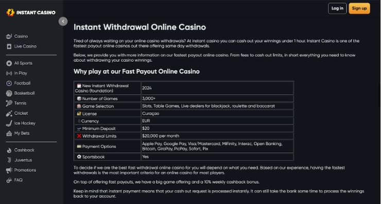 Direct play at Instant Casino