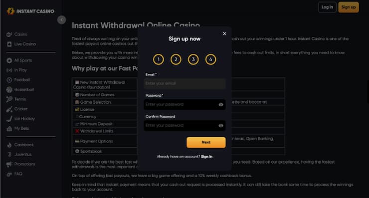 Sign up to Instant Casino