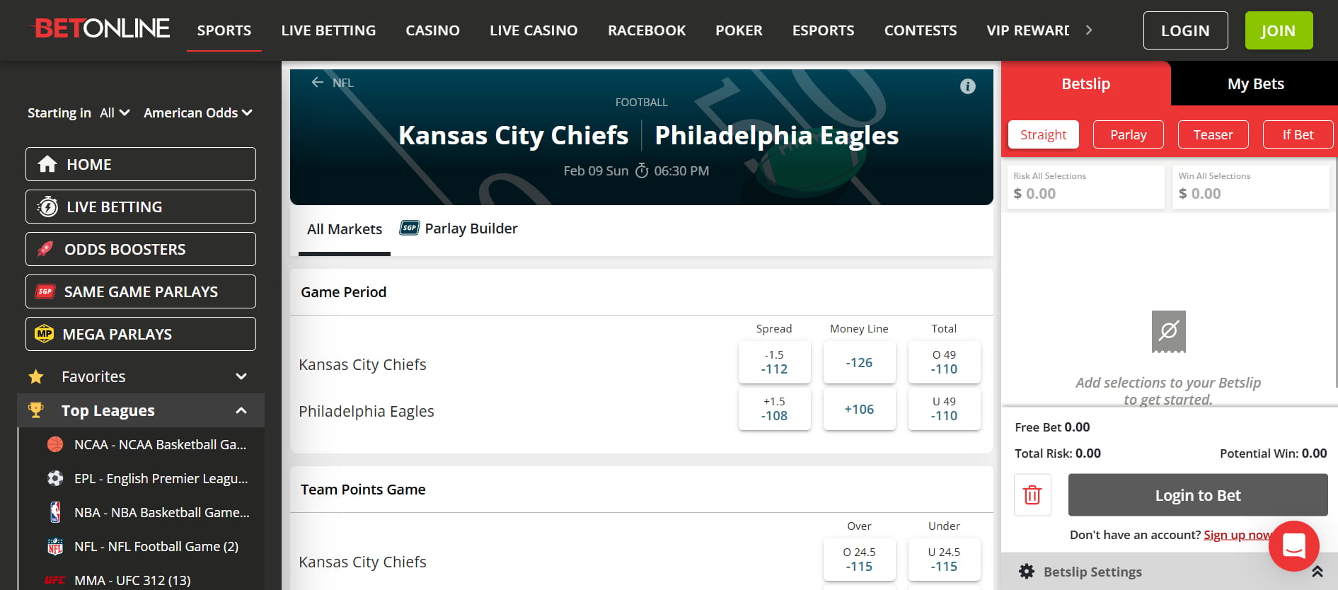 NFL betting lines BetOnline