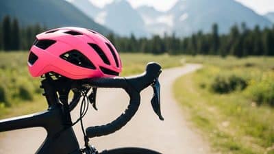 Pink bicycle helmet on handlebars outdoors