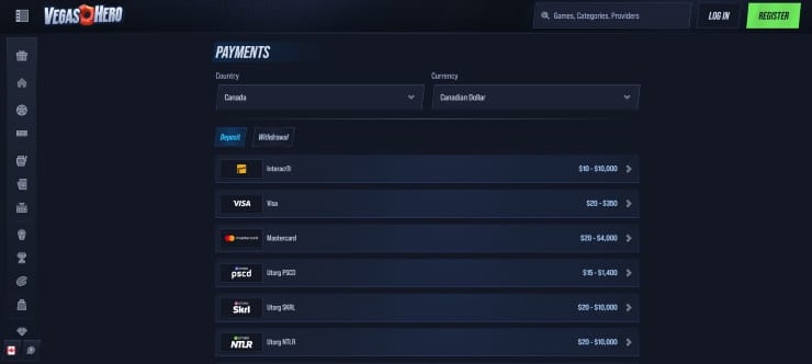 Payment methods at Canadian online casino Vegas Hero