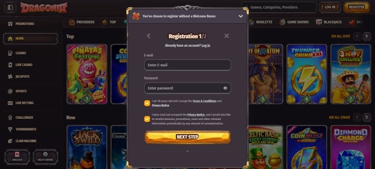 Register an account at Dragonia