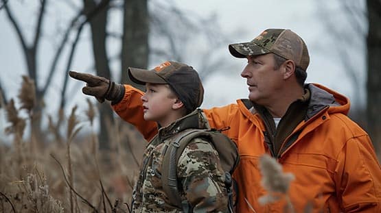 father and sun hunt hunting hunter firearms orange deer