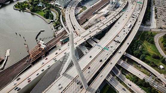 aerial shot boston massachusetts Bunker Hill bridge