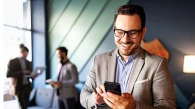 tech employee financial planning businessman with phone meeting